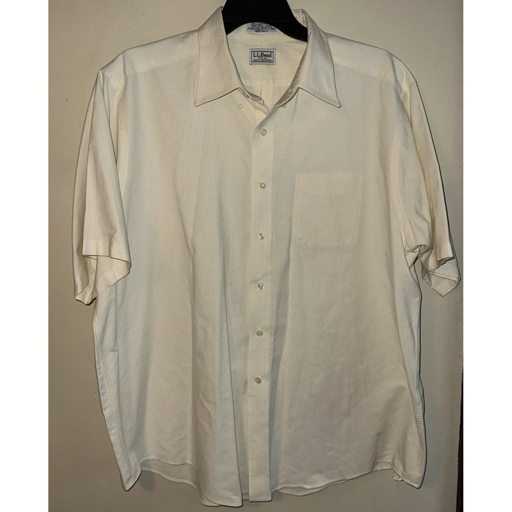 LL Bean Shirt Mens Size Reg 18 Yellow/White Striped SS Button Up Shirt 2XL